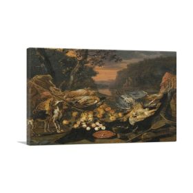A Still Life With Game Hunting Gear And Two Dogs (Type: Standard Framed Canvas Print, size: 12" x 8" / 30cm x 20cm (approx))
